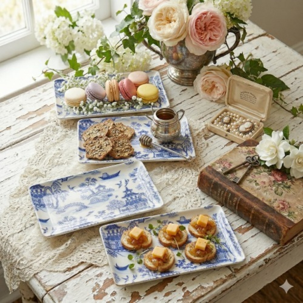 Shabby Chic Melamine Appetizer Plates Set of 4 – Blue & White Chinoiserie Tray - Picture 6 of 7